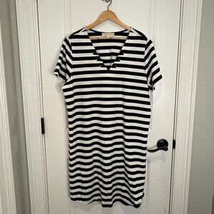 Michael Kors Black White Stripe Dress 1X Lace Up Neckline